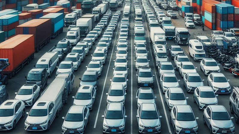 Imported vehicles are parked at a port