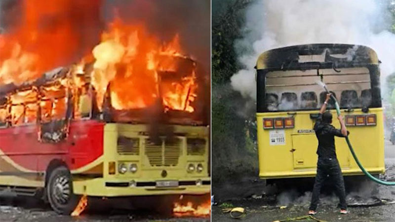 Private Bus from Colombo to Embilipitiya destroyed by fire in Madampe