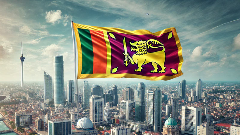 Sri Lankan flag waving over the Colombo city skyline, symbolizing the Clean Sri Lanka initiative