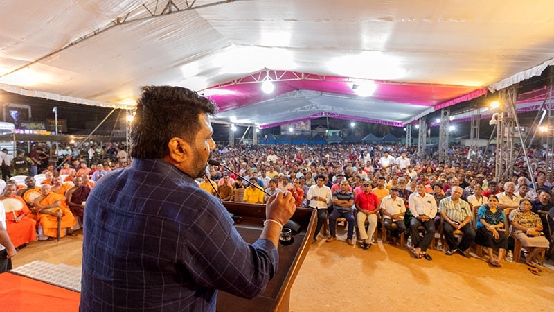 Sri Lankan President Anura Kumara Dissanayake addressing a crowd at the Thambuththegama market grounds