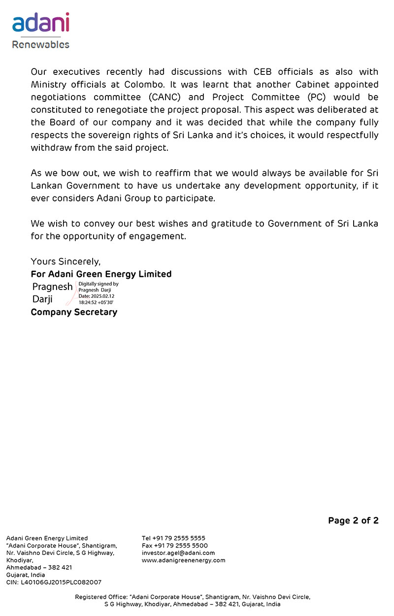 Letter from Adani Green Energy to the Board of Investment announcing the withdrawal from the wind farm project in Sri Lanka