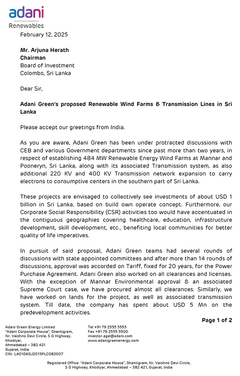 Letter from Adani Green Energy to the Board of Investment announcing the withdrawal from the wind farm project in Sri Lanka